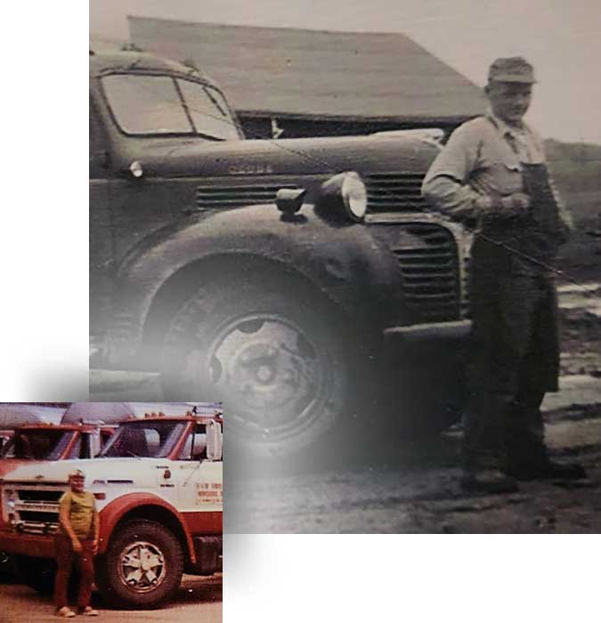 JDK Logistics family photos dating back to the 1950s trucking and milk hauling industry, in black and white is Pete and his first truck