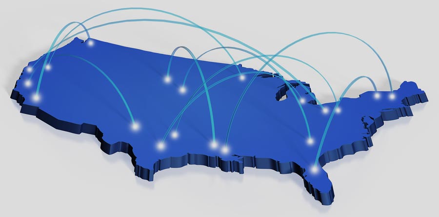 Blue map of the United States of America demonstrating the service area JDK Logistics LLC